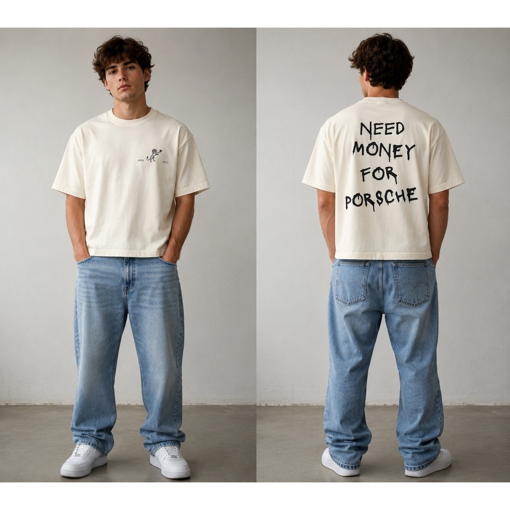 Need Money For Porsche Graphic T-Shirt Mens Medium Off White Boxy Streetwear Tee